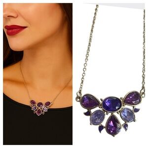 NRT Vintage Purple Glass Signed Necklace Gold Tone Chain